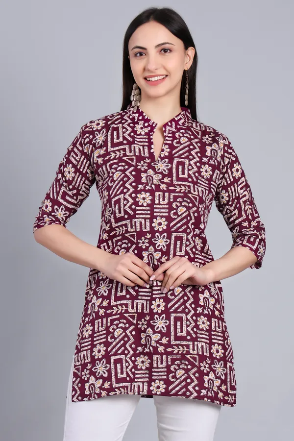 MH_HANDLOOM_Cotton_Printed_Short_Kurti_for_Women,_3/4_Sleeve,_Mid_Thigh_Length,_Band_Neck,_Regular_Fit_Kurti_for_Woman