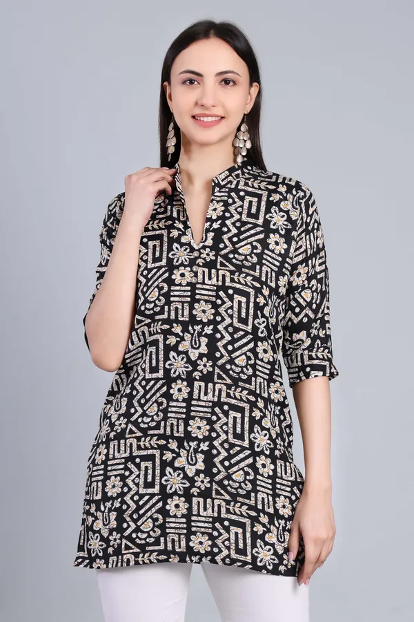 MH_HANDLOOM_Cotton_Printed_Short_Kurti_for_Women,_3/4_Sleeve,_Mid_Thigh_Length,_Band_Neck,_Regular_Fit_Kurti_for_Woman