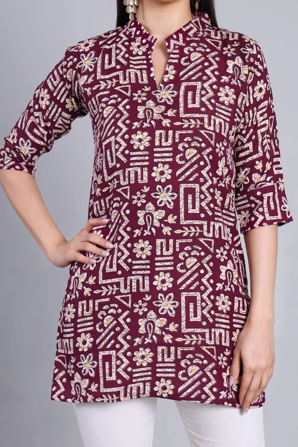 MH_HANDLOOM_Cotton_Printed_Short_Kurti_for_Women,_3/4_Sleeve,_Mid_Thigh_Length,_Band_Neck,_Regular_Fit_Kurti_for_Woman