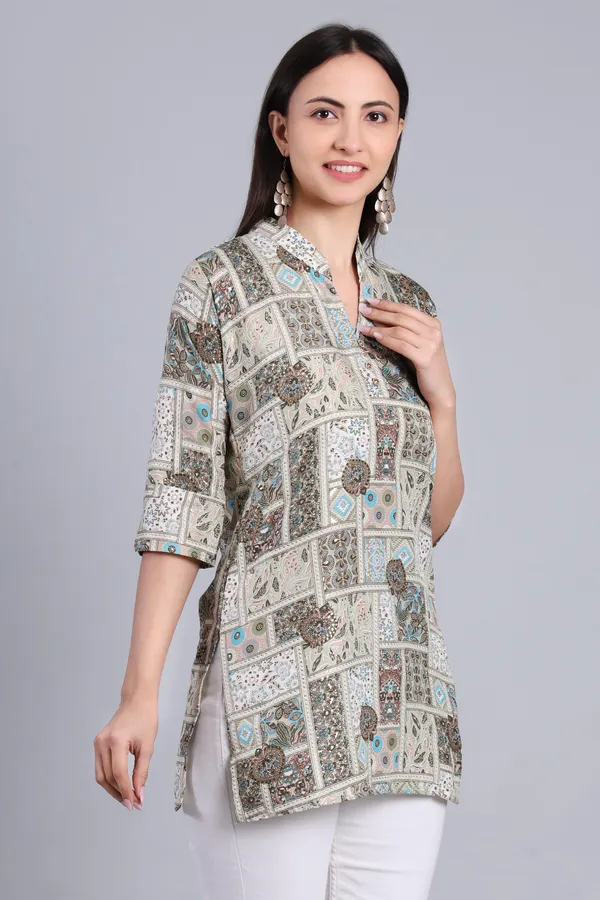 MH_HANDLOOM_Cotton_Printed_Short_Kurti_for_Women,_3/4_Sleeve,_Mid_Thigh_Length,_Band_Neck,_Regular_Fit_Kurti_for_Woman