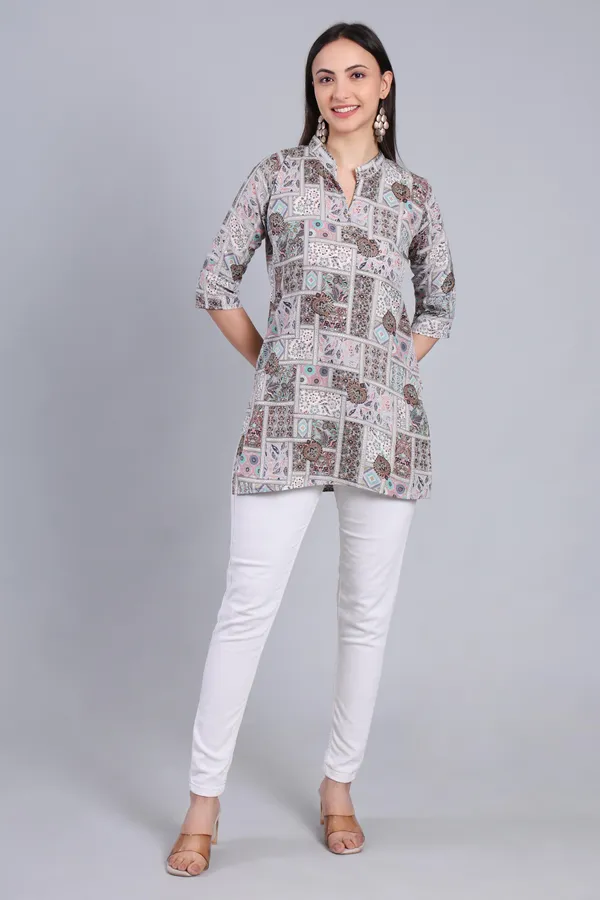 MH_HANDLOOM_Cotton_Printed_Short_Kurti_for_Women,_3/4_Sleeve,_Mid_Thigh_Length,_Band_Neck,_Regular_Fit_Kurti_for_Woman