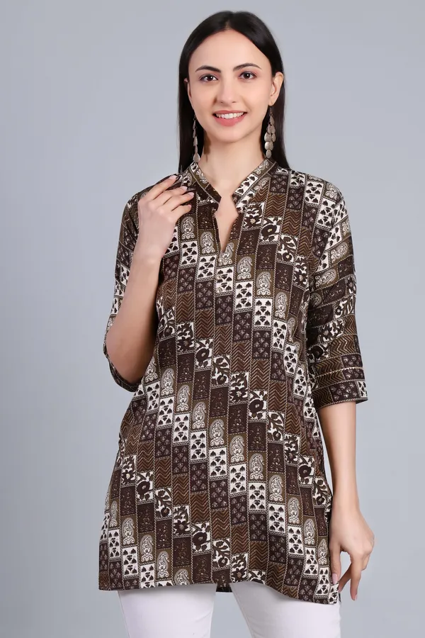 MH_HANDLOOM_Cotton_Printed_Short_Kurti_for_Women,_3/4_Sleeve,_Mid_Thigh_Length,_Band_Neck,_Regular_Fit_Kurti_for_Woman