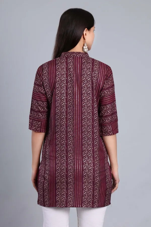MH_HANDLOOM_Cotton_Printed_Short_Kurti_for_Women,_3/4_Sleeve,_Mid_Thigh_Length,_Band_Neck,_Regular_Fit_Kurti_for_Woman