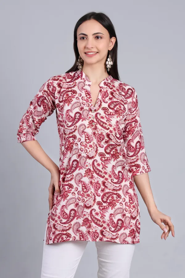 MH_HANDLOOM_Cotton_Printed_Short_Kurti_for_Women,_3/4_Sleeve,_Mid_Thigh_Length,_Band_Neck,_Regular_Fit_Kurti_for_Woman