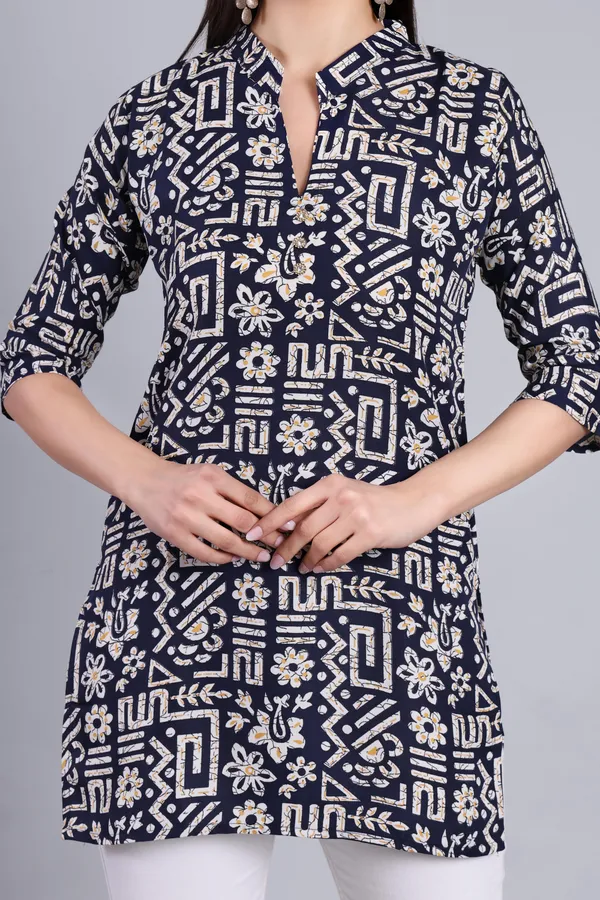 MH_HANDLOOM_Cotton_Printed_Short_Kurti_for_Women,_3/4_Sleeve,_Mid_Thigh_Length,_Band_Neck,_Regular_Fit_Kurti_for_Woman