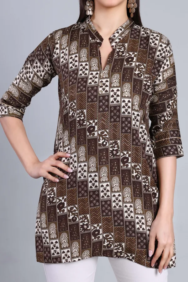 MH_HANDLOOM_Cotton_Printed_Short_Kurti_for_Women,_3/4_Sleeve,_Mid_Thigh_Length,_Band_Neck,_Regular_Fit_Kurti_for_Woman
