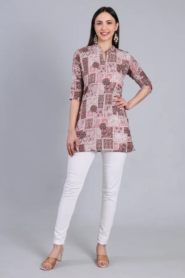 MH_HANDLOOM_Cotton_Printed_Short_Kurti_for_Women,_3/4_Sleeve,_Mid_Thigh_Length,_Band_Neck,_Regular_Fit_Kurti_for_Woman