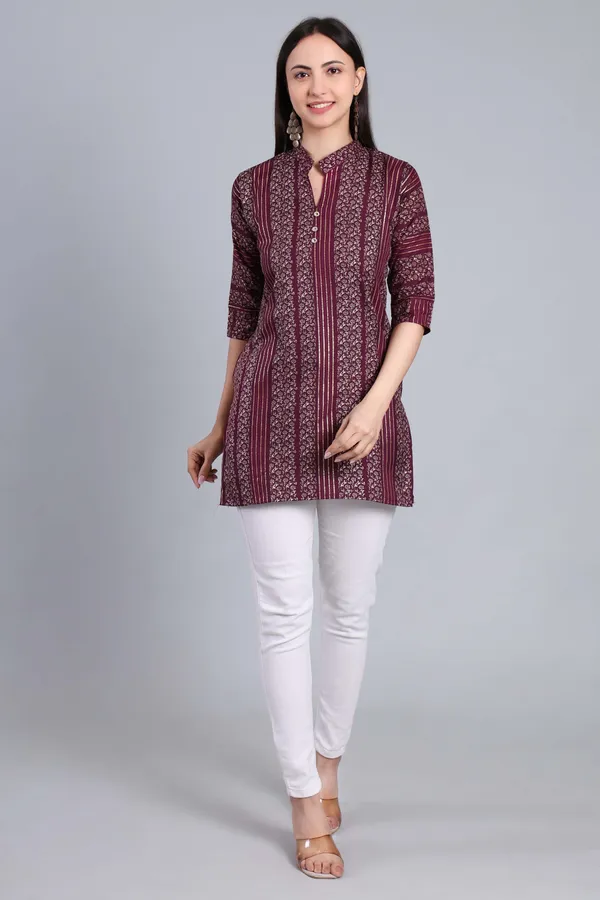 MH_HANDLOOM_Cotton_Printed_Short_Kurti_for_Women,_3/4_Sleeve,_Mid_Thigh_Length,_Band_Neck,_Regular_Fit_Kurti_for_Woman