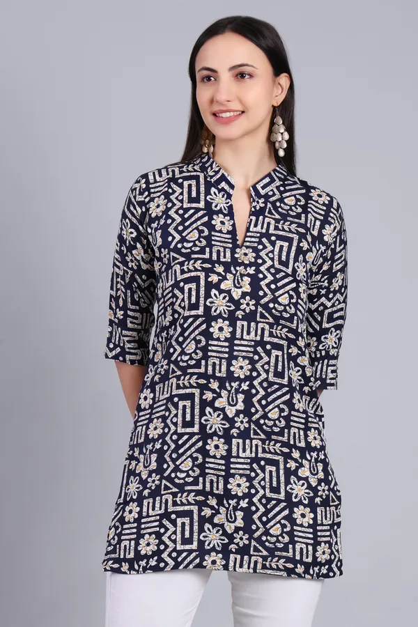 MH_HANDLOOM_Cotton_Printed_Short_Kurti_for_Women,_3/4_Sleeve,_Mid_Thigh_Length,_Band_Neck,_Regular_Fit_Kurti_for_Woman
