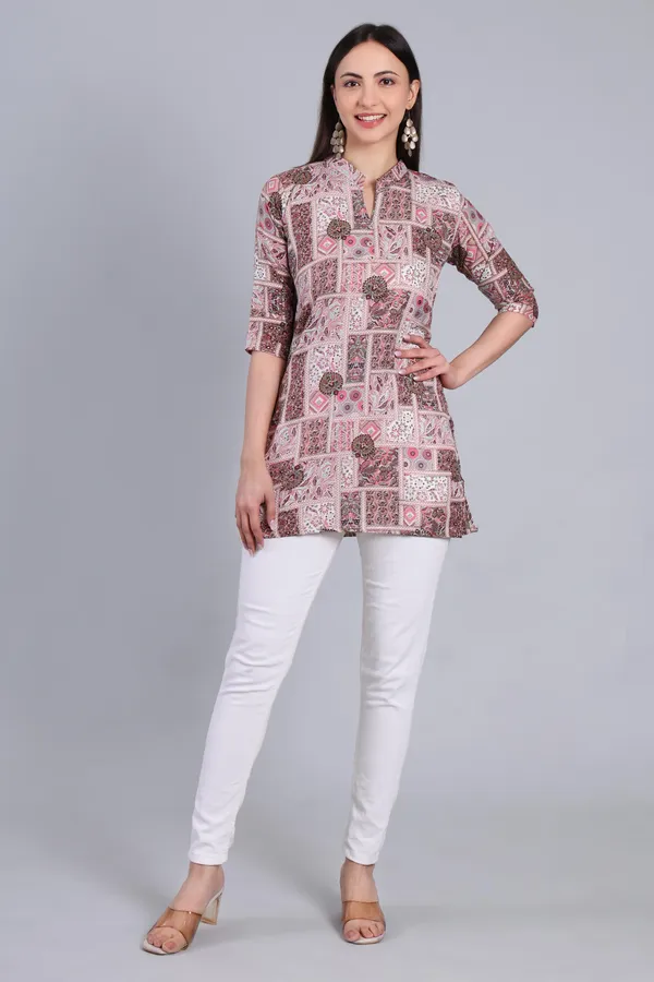 MH_HANDLOOM_Cotton_Printed_Short_Kurti_for_Women,_3/4_Sleeve,_Mid_Thigh_Length,_Band_Neck,_Regular_Fit_Kurti_for_Woman