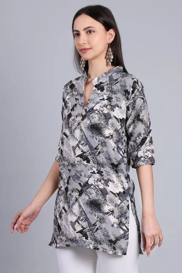 MH_HANDLOOM_Cotton_Printed_Short_Kurti_for_Women,_3/4_Sleeve,_Mid_Thigh_Length,_Band_Neck,_Regular_Fit_Kurti_for_Woman