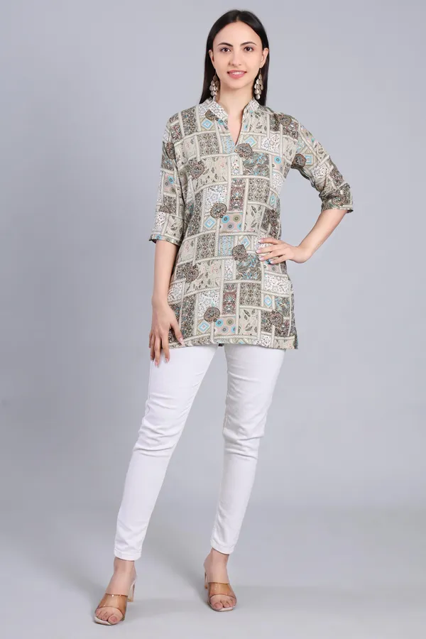 MH_HANDLOOM_Cotton_Printed_Short_Kurti_for_Women,_3/4_Sleeve,_Mid_Thigh_Length,_Band_Neck,_Regular_Fit_Kurti_for_Woman