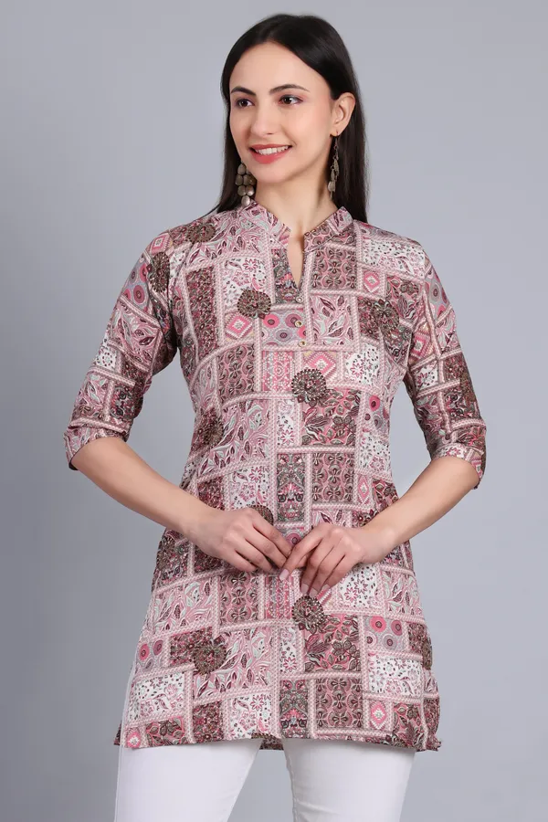 MH_HANDLOOM_Cotton_Printed_Short_Kurti_for_Women,_3/4_Sleeve,_Mid_Thigh_Length,_Band_Neck,_Regular_Fit_Kurti_for_Woman