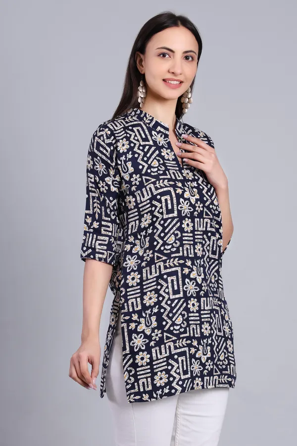 MH_HANDLOOM_Cotton_Printed_Short_Kurti_for_Women,_3/4_Sleeve,_Mid_Thigh_Length,_Band_Neck,_Regular_Fit_Kurti_for_Woman