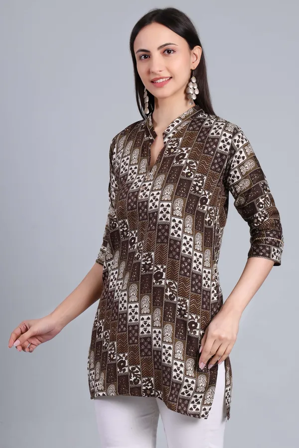 MH_HANDLOOM_Cotton_Printed_Short_Kurti_for_Women,_3/4_Sleeve,_Mid_Thigh_Length,_Band_Neck,_Regular_Fit_Kurti_for_Woman