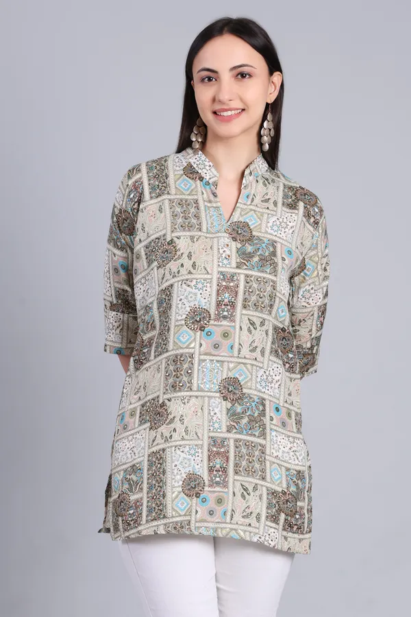 MH_HANDLOOM_Cotton_Printed_Short_Kurti_for_Women,_3/4_Sleeve,_Mid_Thigh_Length,_Band_Neck,_Regular_Fit_Kurti_for_Woman