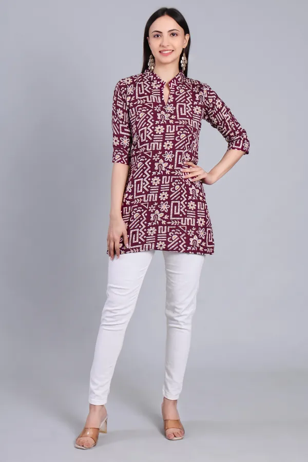 MH_HANDLOOM_Cotton_Printed_Short_Kurti_for_Women,_3/4_Sleeve,_Mid_Thigh_Length,_Band_Neck,_Regular_Fit_Kurti_for_Woman