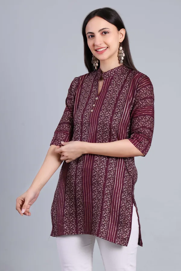 MH_HANDLOOM_Cotton_Printed_Short_Kurti_for_Women,_3/4_Sleeve,_Mid_Thigh_Length,_Band_Neck,_Regular_Fit_Kurti_for_Woman