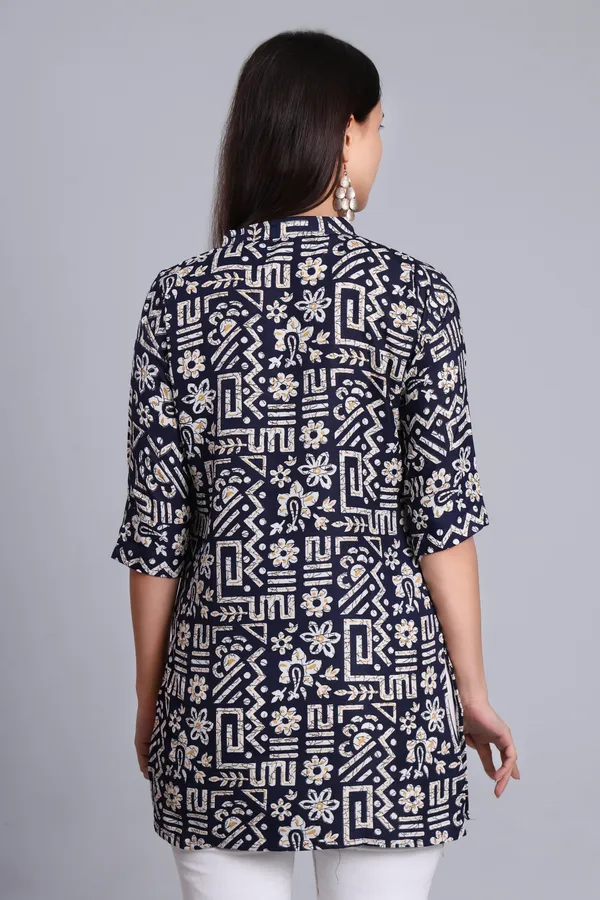 MH_HANDLOOM_Cotton_Printed_Short_Kurti_for_Women,_3/4_Sleeve,_Mid_Thigh_Length,_Band_Neck,_Regular_Fit_Kurti_for_Woman