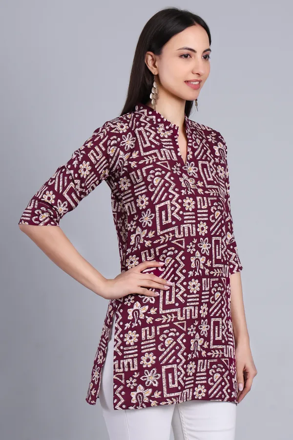MH_HANDLOOM_Cotton_Printed_Short_Kurti_for_Women,_3/4_Sleeve,_Mid_Thigh_Length,_Band_Neck,_Regular_Fit_Kurti_for_Woman