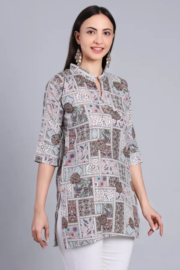 MH_HANDLOOM_Cotton_Printed_Short_Kurti_for_Women,_3/4_Sleeve,_Mid_Thigh_Length,_Band_Neck,_Regular_Fit_Kurti_for_Woman