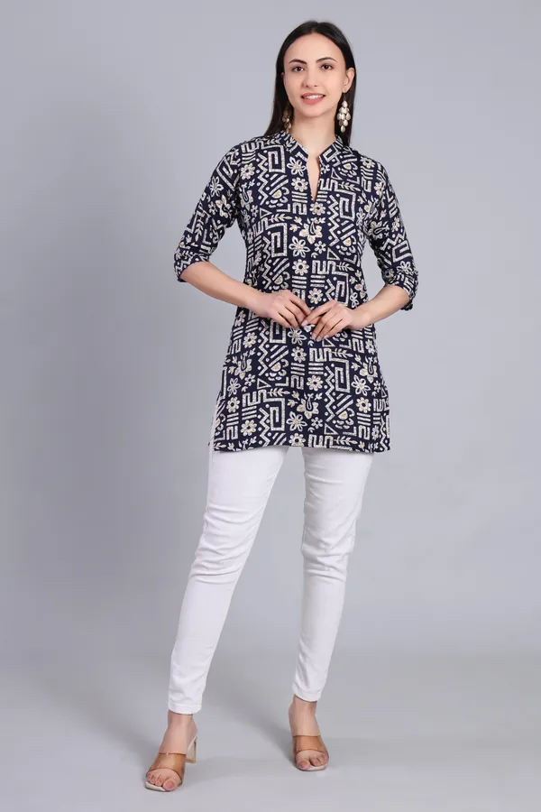 MH_HANDLOOM_Cotton_Printed_Short_Kurti_for_Women,_3/4_Sleeve,_Mid_Thigh_Length,_Band_Neck,_Regular_Fit_Kurti_for_Woman