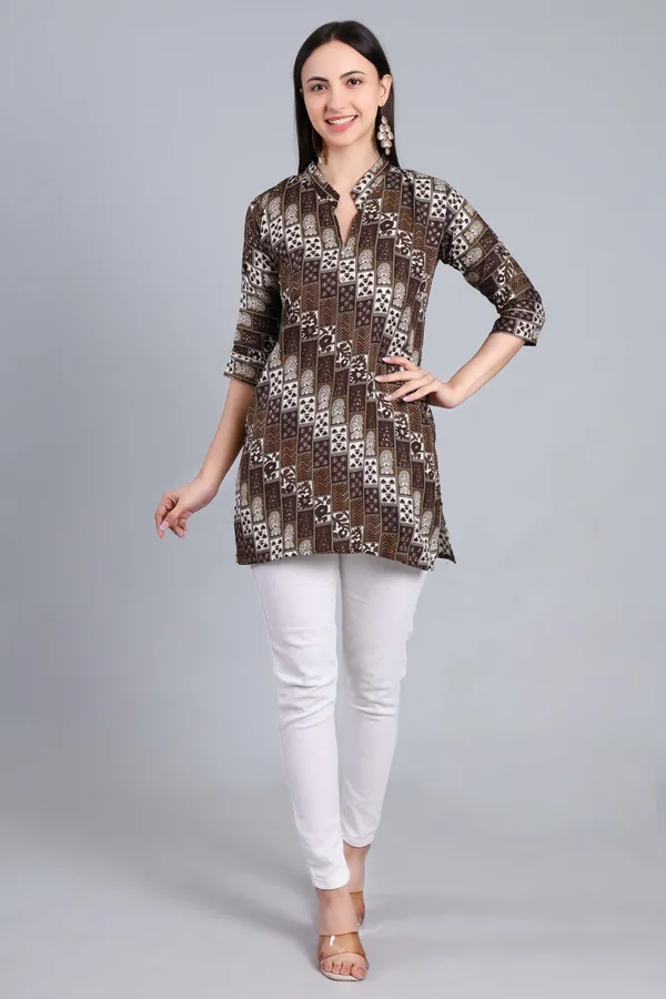 MH_HANDLOOM_Cotton_Printed_Short_Kurti_for_Women,_3/4_Sleeve,_Mid_Thigh_Length,_Band_Neck,_Regular_Fit_Kurti_for_Woman