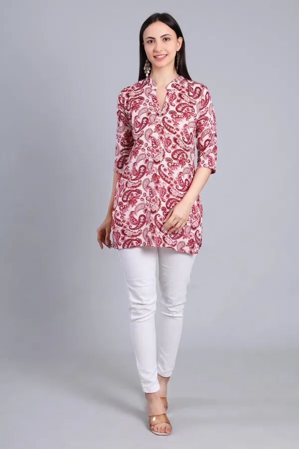 MH_HANDLOOM_Cotton_Printed_Short_Kurti_for_Women,_3/4_Sleeve,_Mid_Thigh_Length,_Band_Neck,_Regular_Fit_Kurti_for_Woman