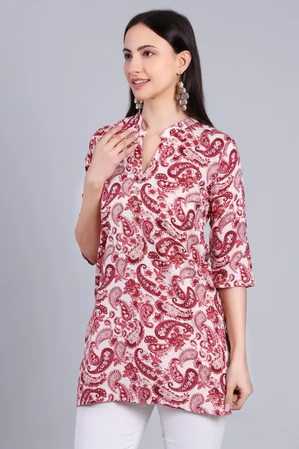 MH_HANDLOOM_Cotton_Printed_Short_Kurti_for_Women,_3/4_Sleeve,_Mid_Thigh_Length,_Band_Neck,_Regular_Fit_Kurti_for_Woman
