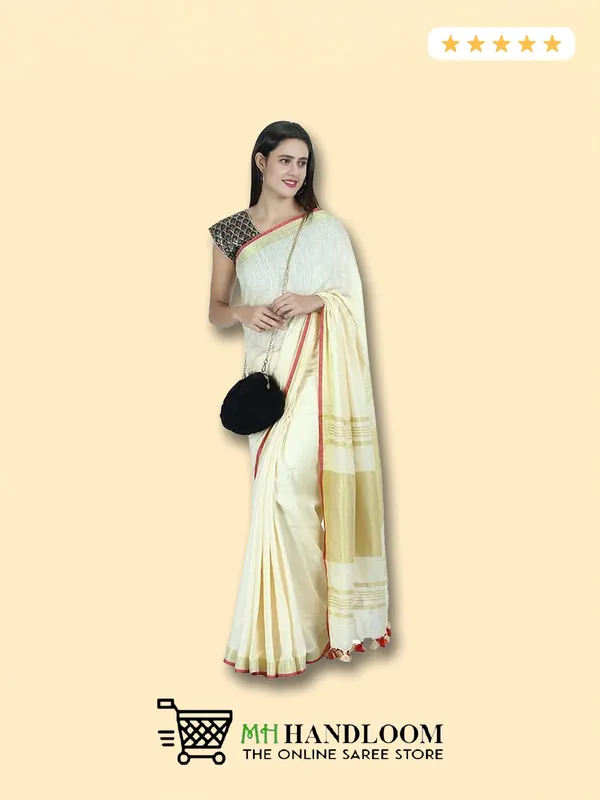 Cream_Linen_Slub_Ethnic_Wear_Saree_For_Women_With_Blouse