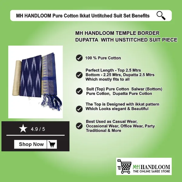 MH_HANDLOOM_Unstitched_Dress_Material_|_Multicolour_Pure_Cotton_Ikat_Design_|_Salwar_Suit_Material_with_Dupatta
