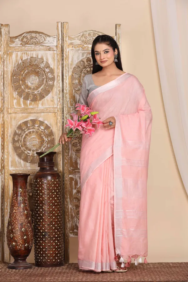 Peach_Linen_Slub_Ethnic_Wear_Saree_For_Women_With_Blouse