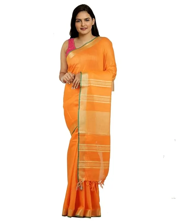 Orange_Women's_Linen_Slub_Saree_with_Blouse_Piece_for_Every_Occasion
