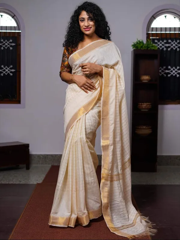 Cream_Exquisite_Semi_Silk_Sarees_with_Blouse