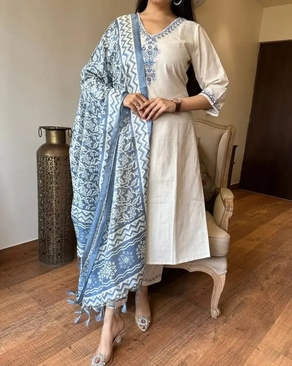 Cotton_Embroidered_Kurta_With_Pant_&_Dupatta_Set