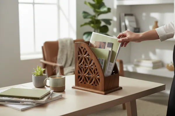 THE_URBAN_STORE_Decorative_&_Handcarved_Wooden_Wall_Mount_Magazine_Holder_/_Card_Holder_/_Paper_Holder_for_Home_&_Office_in_Clear_Walnut_Finish_(23.5_x_18_x_27_cm)_TUSMG09
