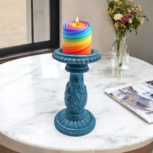 The_Urban_Store_TUSCH14_Decorative_&_Handcarved_Wooden_Table_Top_Candle_Holder/Table_Décor/Home_Décor/Gift/in_Distressed_Blue_Finish_for_Home_&_Office_(21x12x12_CM)
