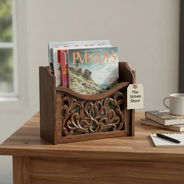 THE_URBAN_STORE_Decorative_&_Handcarved_Wooden_Wall_Mount_Magazine_Holder_/_Card_Holder_/_Paper_Holder_for_Home_&_Office_in_Clear_Walnut_Finish_(9.5"_x_4"_x_9.5")