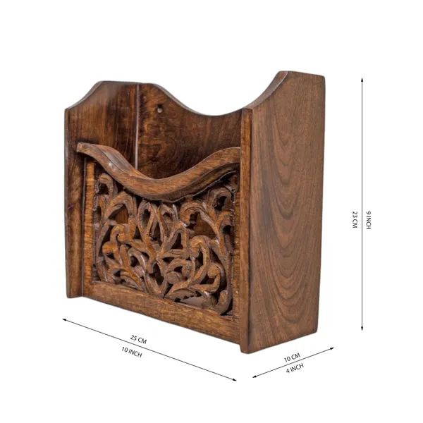 THE_URBAN_STORE_Decorative_&_Handcarved_Wooden_Wall_Mount_Magazine_Holder_/_Card_Holder_/_Paper_Holder_for_Home_&_Office_in_Clear_Walnut_Finish_(9.5"_x_4"_x_9.5")