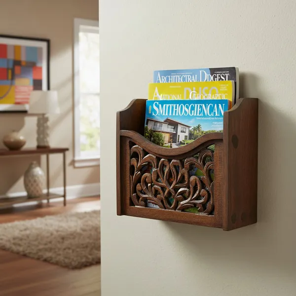 THE_URBAN_STORE_Decorative_&_Handcarved_Wooden_Wall_Mount_Magazine_Holder_/_Card_Holder_/_Paper_Holder_for_Home_&_Office_in_Clear_Walnut_Finish_(9.5"_x_4"_x_9.5")