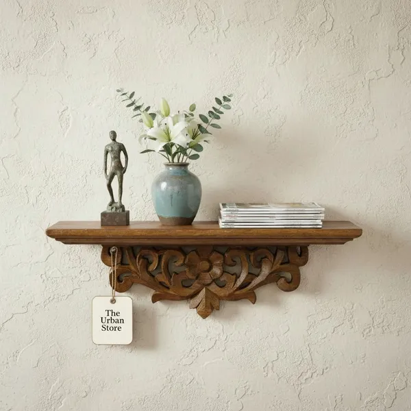 The_Urban_Store_Handcrafted_Wooden_Wall_Floating_Shelf_with_Intricate_Floral_Carving_|_Decorative_Hanging_Display_Shelf_for_Home_Décor,_Living_Room,_Bedroom_&_Entryway
