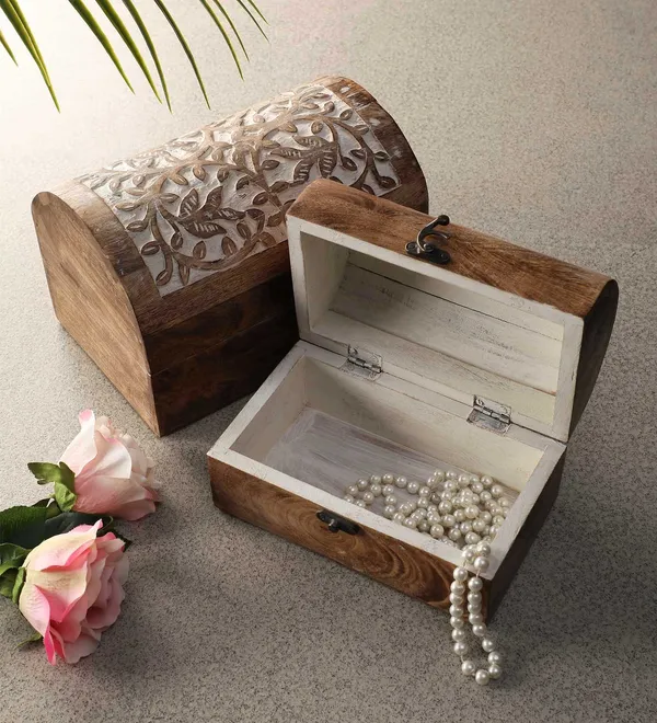 Wooden_Decorative_&_Handcrafted_Jwellery_&_Gift_Box_/_Trunk_/_Treasure_Chest_(23_cm_x_15_cm_x_15_cm)_/_Set_of_2
