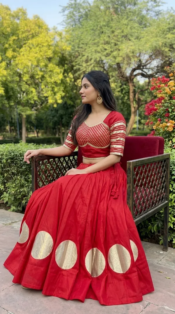Pure_Roman_Cotton_Fabric_with_Gota_Lehenga_Choli_For_Navratri