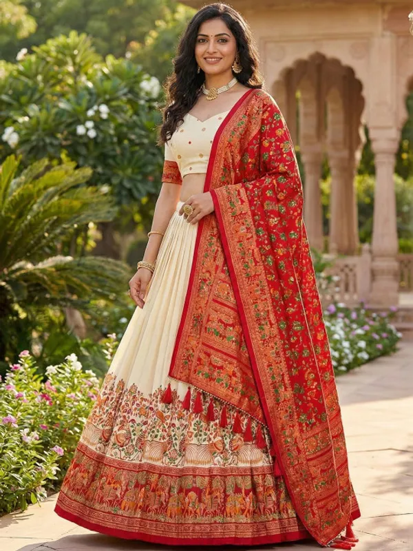 Tussar_Silk_Patola_Print_Trendy_Lehenga_Choli_in_White