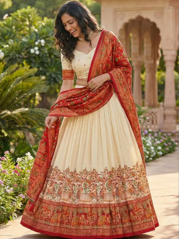 Tussar_Silk_Patola_Print_Trendy_Lehenga_Choli_in_White