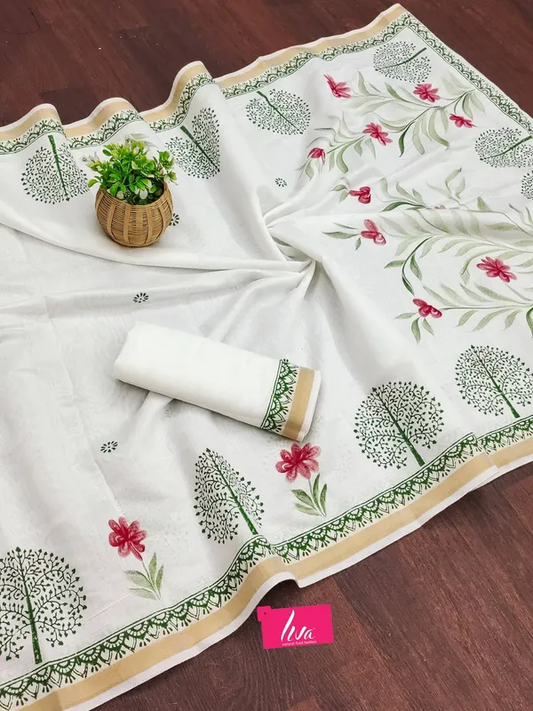 Orignal_Bagru_Hand_Block_With_Hand_Paint_Natural_Colour_Design_with_White_Colour_With_Fancy_Dimanding_Zari_Bodar_Sarees