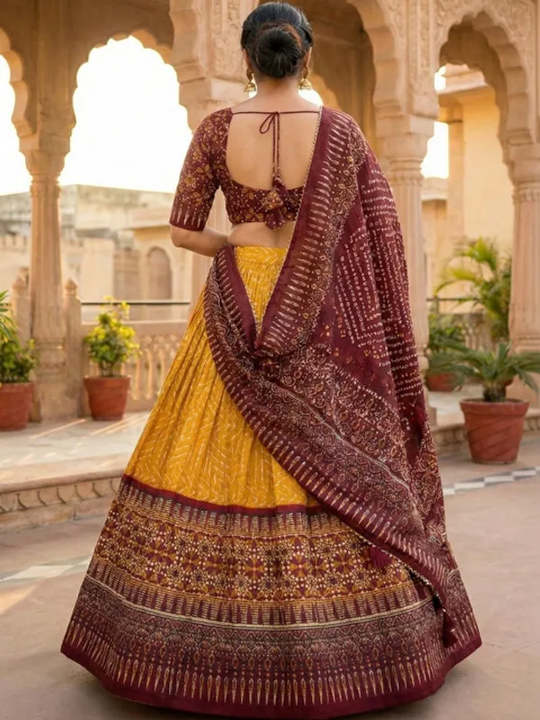 Yellow_color_tussar_silk_foil_print_lehenga_choli