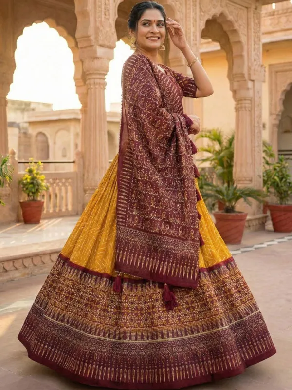 Yellow_color_tussar_silk_foil_print_lehenga_choli