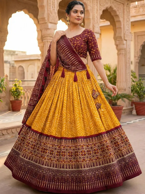 Yellow_color_tussar_silk_foil_print_lehenga_choli