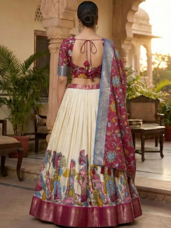 White_Color_Dola_Silk_Designer_Kalamkari_Print_Lehenga_Choli